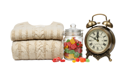 Stacked knitted sweaters with heart patterns next to a glass jar of colorful gummy candies and a vintage alarm clock on white background, perfect for cozy lifestyle themes