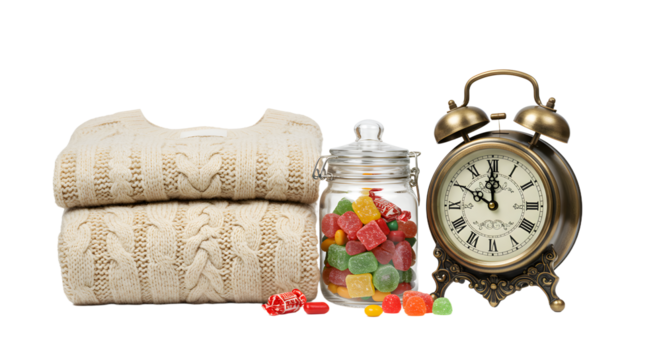 Stacked knitted sweaters with heart patterns next to a glass jar of colorful gummy candies and a vintage alarm clock on white background, perfect for cozy lifestyle themes