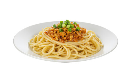 Spaghetti pasta with meat sauce and green onions on white plate isolated on white background, perfect for Italian cuisine menus