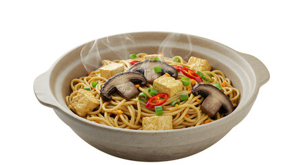 Steaming bowl of Asian noodle soup with tofu, mushrooms, chili peppers, and green onions, perfect for healthy meals and vegan dishes
