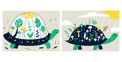 Charming turtle with a shell adorned by a variety of vibrant blooming flowers vector art design