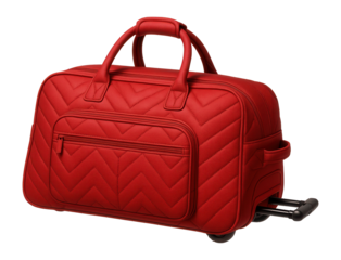 Red rolling duffel bag with stitched pattern, top handles, and front pocket.