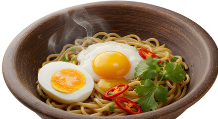 Steaming bowl of Asian-style noodles with boiled and fried eggs, chili slices, and fresh cilantro in wooden bowl, perfect for food blogs and restaurant menus