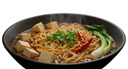 Steaming bowl of spicy ramen noodles with tofu cubes, green onions, bok choy, and red chili pepper, perfect for Asian cuisine menus and food blogs
