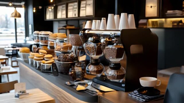 Colorful macarons on a dessert stand in a modern cafe, with pastries and a cozy seating area in the background.