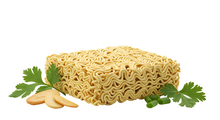Uncooked instant ramen noodle block with fresh herbs and ginger root, isolated on white background, perfect for cooking and culinary recipes