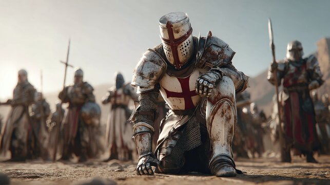 Knights in the desert praying. Knights wearing crusader armour are lined up behind, ready for battle. Courage, faith, and the desert terrain set the scene.