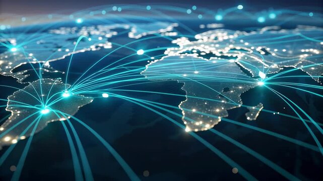 Digital network highlights cross border links across continents, showcasing global connectivity and data flow in modern world