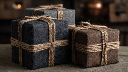 Three wrapped gifts, neutral colors, rustic setting