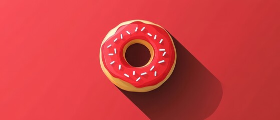 Delicious glazed donut with red icing and sprinkles on a vibrant red background.