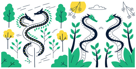 Majestic dragons crafted from intertwining vines and blooming flowers forming intricate natural sculptures vector art design