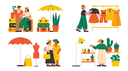 Diverse Scenes of People Engaging in Shopping and Travel Activities fashion retail