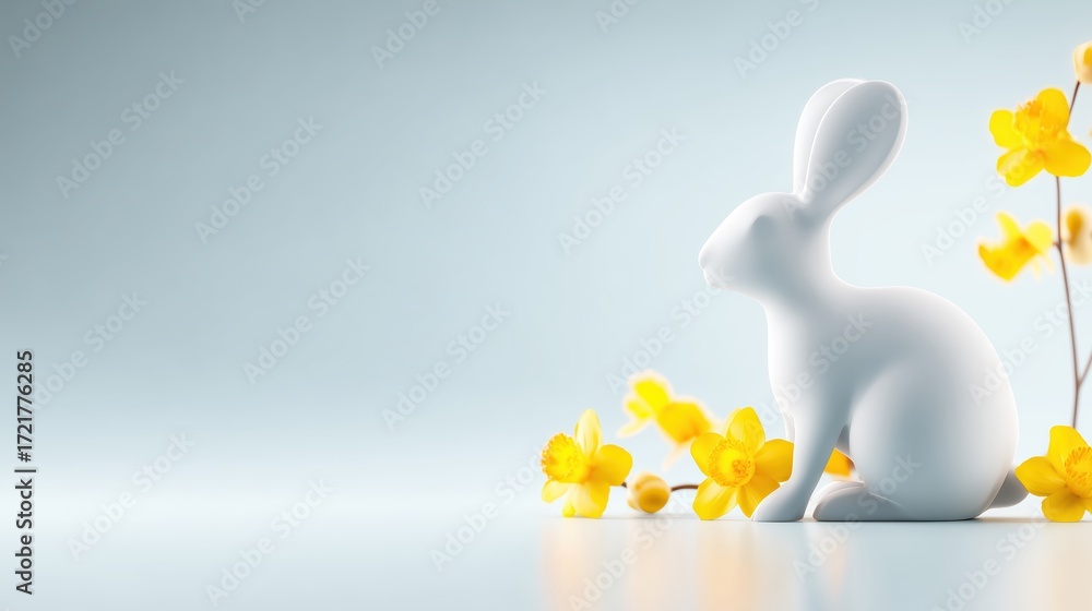 Aufkleber white rabbit figurine sits beside vibrant yellow flowers against a soft gradient background, creatin