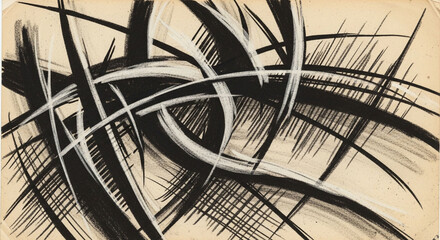Dynamic abstract drawing with bold black and white strokes creating a sense of movement and energy on beige paper