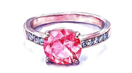 Elegant pink gemstone ring on white isolate background.