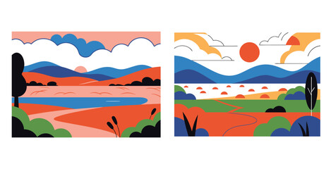 Peaceful landscape offering expansive, soothing views of rolling hills and open skies vector art design