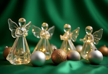 Glass Angels and Ornaments on a Rich Green Fabric Background

