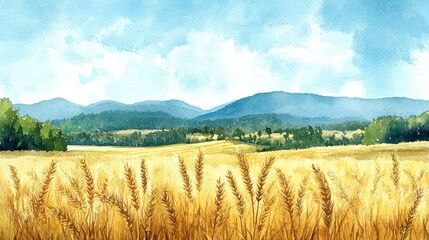 Golden wheat field against a serene mountain backdrop under a bright blue sky.
