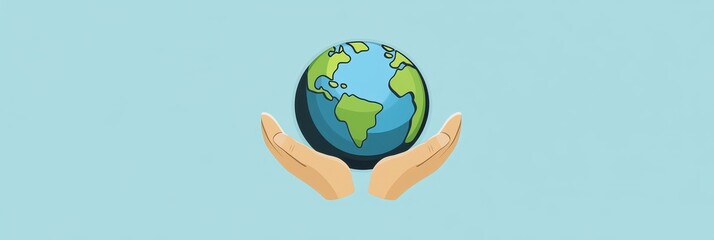 Hands holding a globe, symbolizing care for the planet on a blue background.