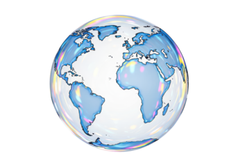 World globe with continents in a soap bubble isolated on transparent background