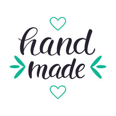 Hand made calligraphy with teal hearts and leaf shapes script lettering