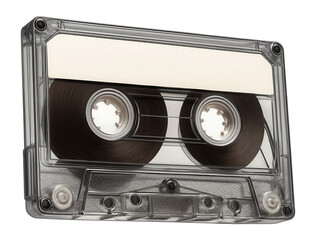 Vintage audio cassette tape, top view, representing 80s retro music.