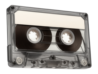 Vintage audio cassette tape, top view, representing 80s retro music.