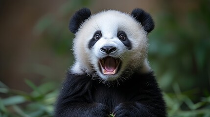 Fototapeta premium A playful panda cub showcases its adorable personality while enjoying a moment of joy amidst lush foliage