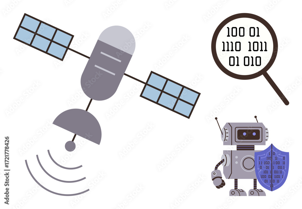 Leinwandbilder satellite sending signals, robot with shield, binary code magnified. ideal for communication, techno