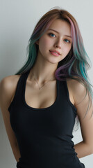 Fototapeta premium Beautiful asian woman white skin green and pink hair ombre wearing black tank top ,white background.