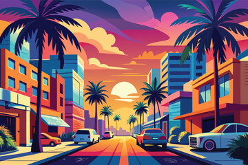 Colorful sunset street scene with palm trees and modern buildings in a vibrant urban setting