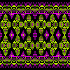 seamless geometric pattern
seamless, vibrant geometric pattern with an ornate border design. The style resembles traditional folk embroidery or cross-stitch art, featuring intricate pixelated motifs 