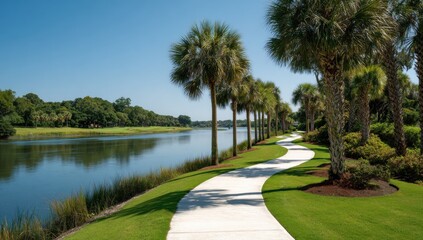Serene walkway by a calm waterway