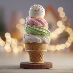 Colorful ice cream cone with a stack of swirls