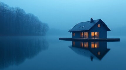 Fototapeta premium A cozy cabin stands in still water, radiating warmth as twilight casts an ethereal glow over the scene