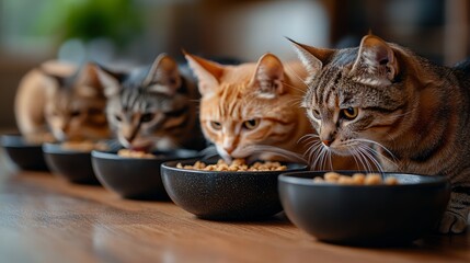 A group of cats gathered around bowls, intently focused on their meal in a warm and inviting home environment