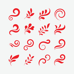 Creative red swirl and leaf abstract vector set for decorative elements, logos, invitations, and elegant design projects. Perfect for modern branding and art.