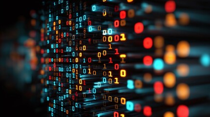 Obraz premium Abstract digital display with vibrant, glowing numbers and light streaks, suggesting data streams and technological processes, ideal for tech concepts.
