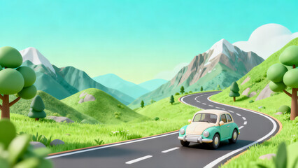 Green Car Driving on Mountain Road