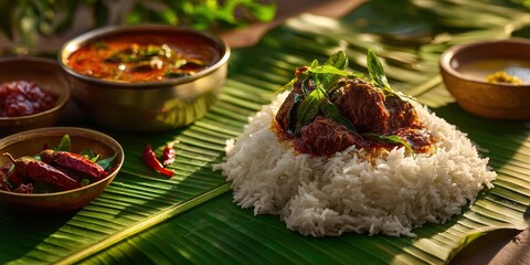 Traditional Andhra meal of Gongura mutton curry and steamed rice on banana leaf