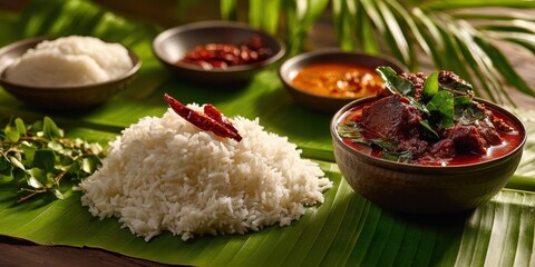 Traditional Andhra meal of Gongura mutton curry and steamed rice on banana leaf