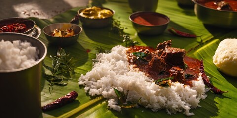 Traditional Andhra meal of Gongura mutton curry and steamed rice on banana leaf