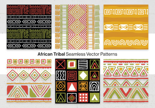 African Patterns Set, Seamless Vector Patterns Inspired by Ethnic Africa Heritage & Tribal Fabric