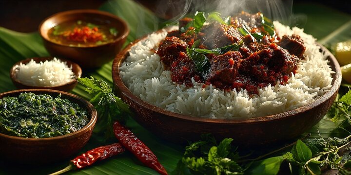 Traditional Andhra meal of Gongura mutton curry and steamed rice on banana leaf