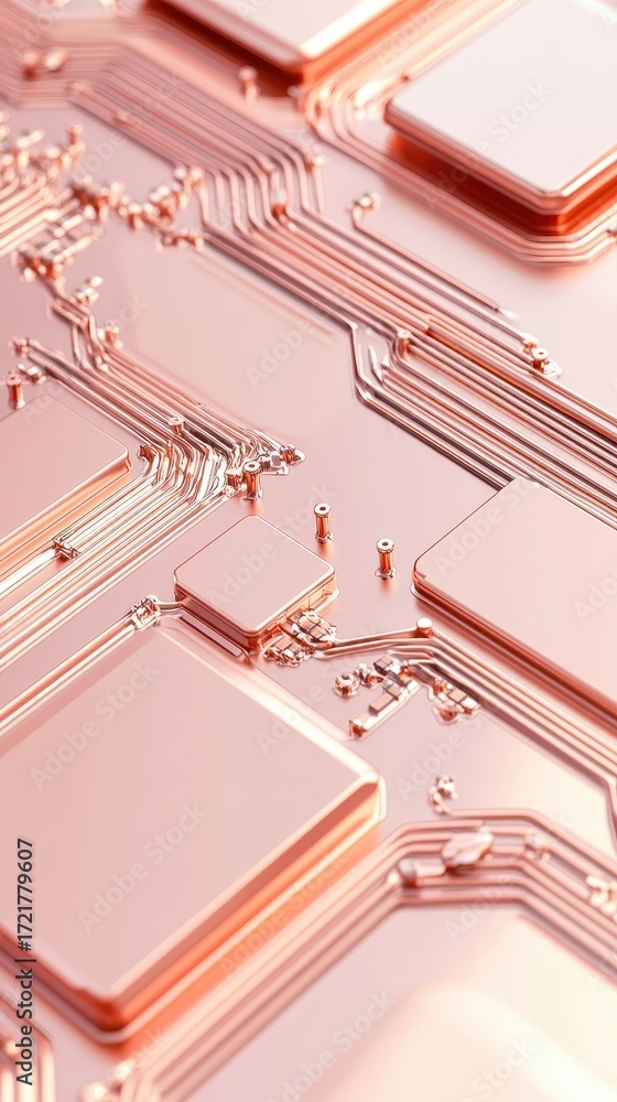 Poster detailed close up of a copper circuit board with intricate pathways and square components, reflectin
