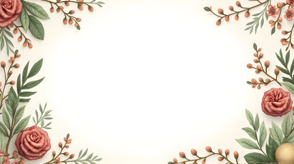 Obraz premium Elegant Floral Frame with Pink Roses and Green Leaves for Invitations or Greeting Cards