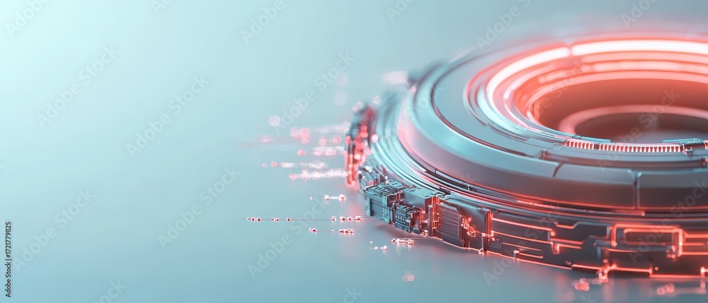 Poster glowing futuristic circular mechanism with interconnected parts and glowing red energy, representing