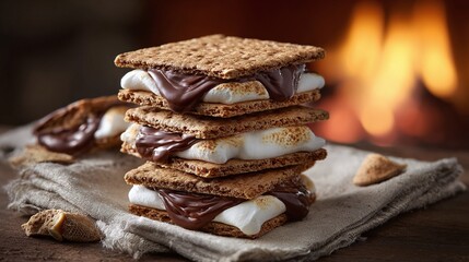 Stacked S'mores: A sweet treat made with toasted marshmallows and melted chocolate between graham crackers, perfect for a cozy campfire night.