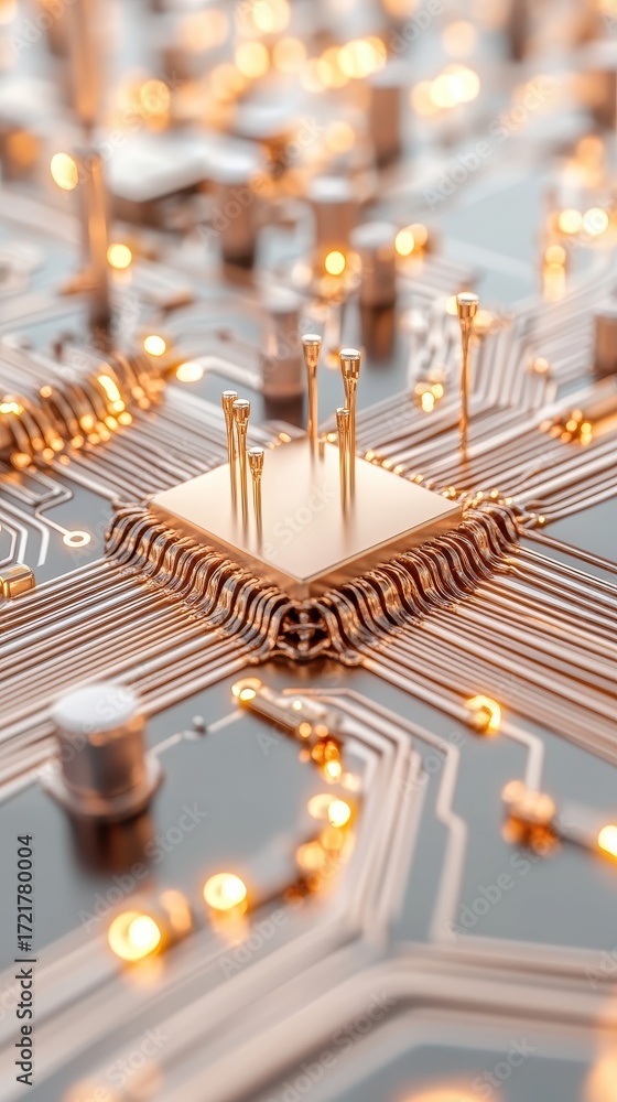 Poster golden central processor chip with many connecting wires and bright lights on a dark circuit board b