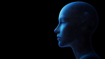 Futuristic AI face profile for technology concepts in striking blue, showing digital identity